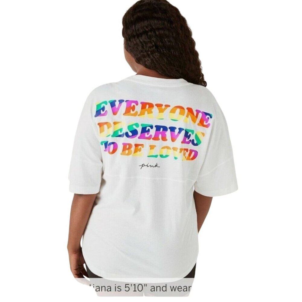 PINK Victoria's Secret Varsity Crew Pride Rainbow Tee Shirt Size L NEW Oversized
